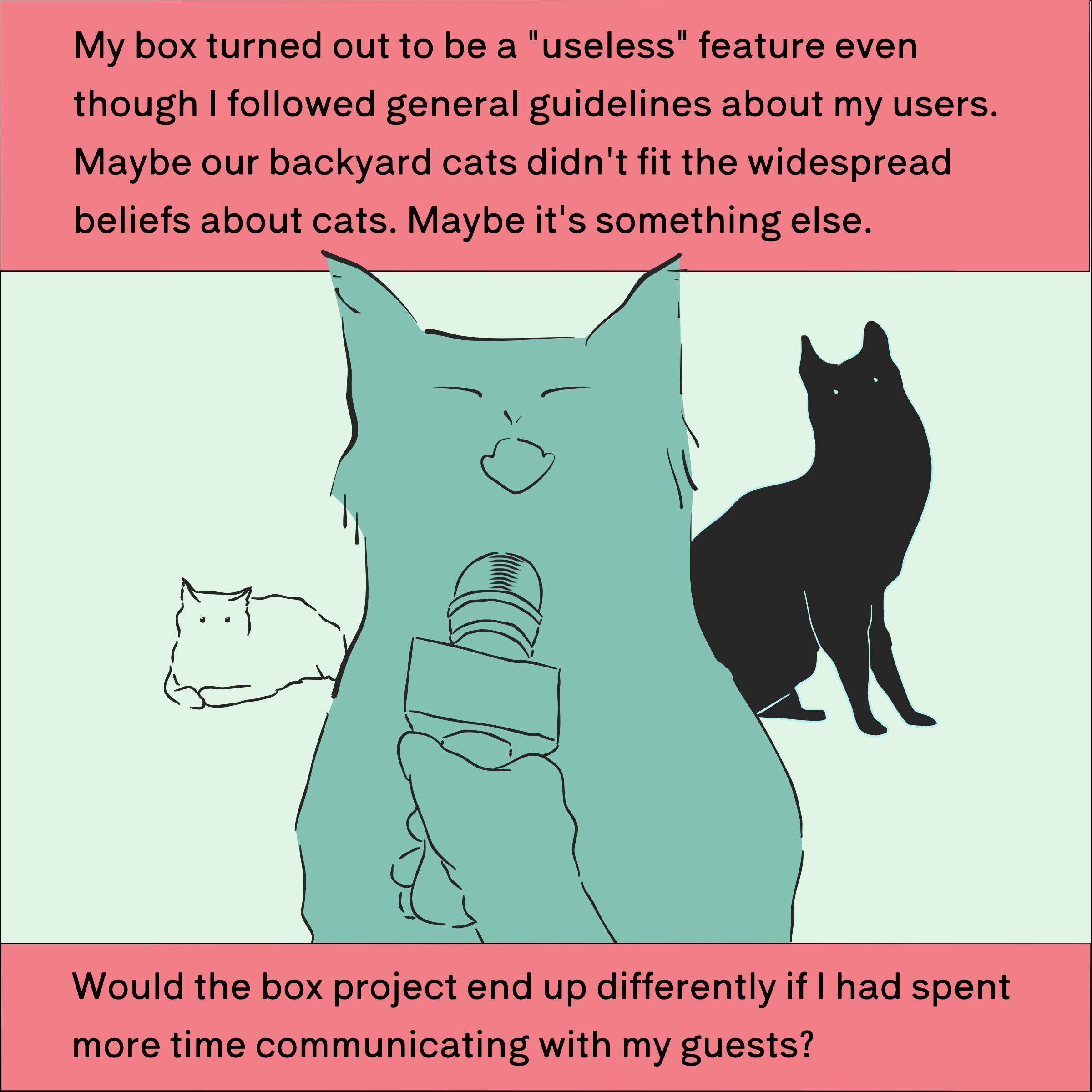 My backyard amenity project was a bad design even though I followed general guidelines about my users. The specific cats who visited our backyard somehow didn't fit the widespread expectation about cats. Would the box project end up differently if I had spent more time communicating with my guests?